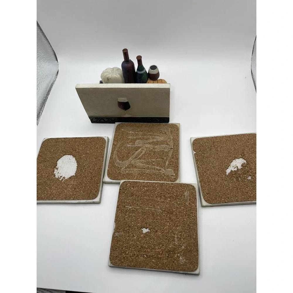I Love Cooking With Wine 5 Piece Coaster Set 4 Square Tiles‎ and Holder